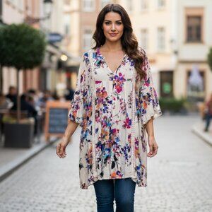NWT Umgee Multicolor Floral Print Boho Tunic Top, Size 1XL